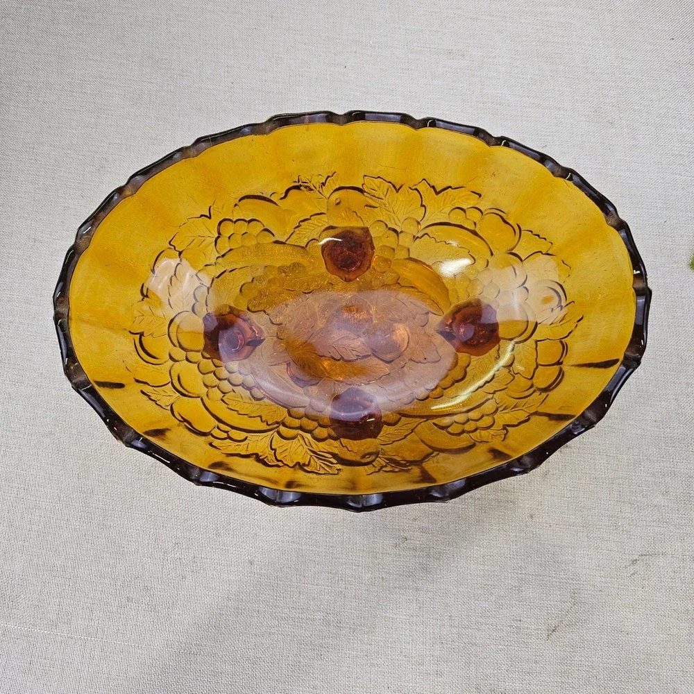 Vintage Amber Indian Glass Fruit Bowl Footed Oval Scalloped Rim Embossed Fruit